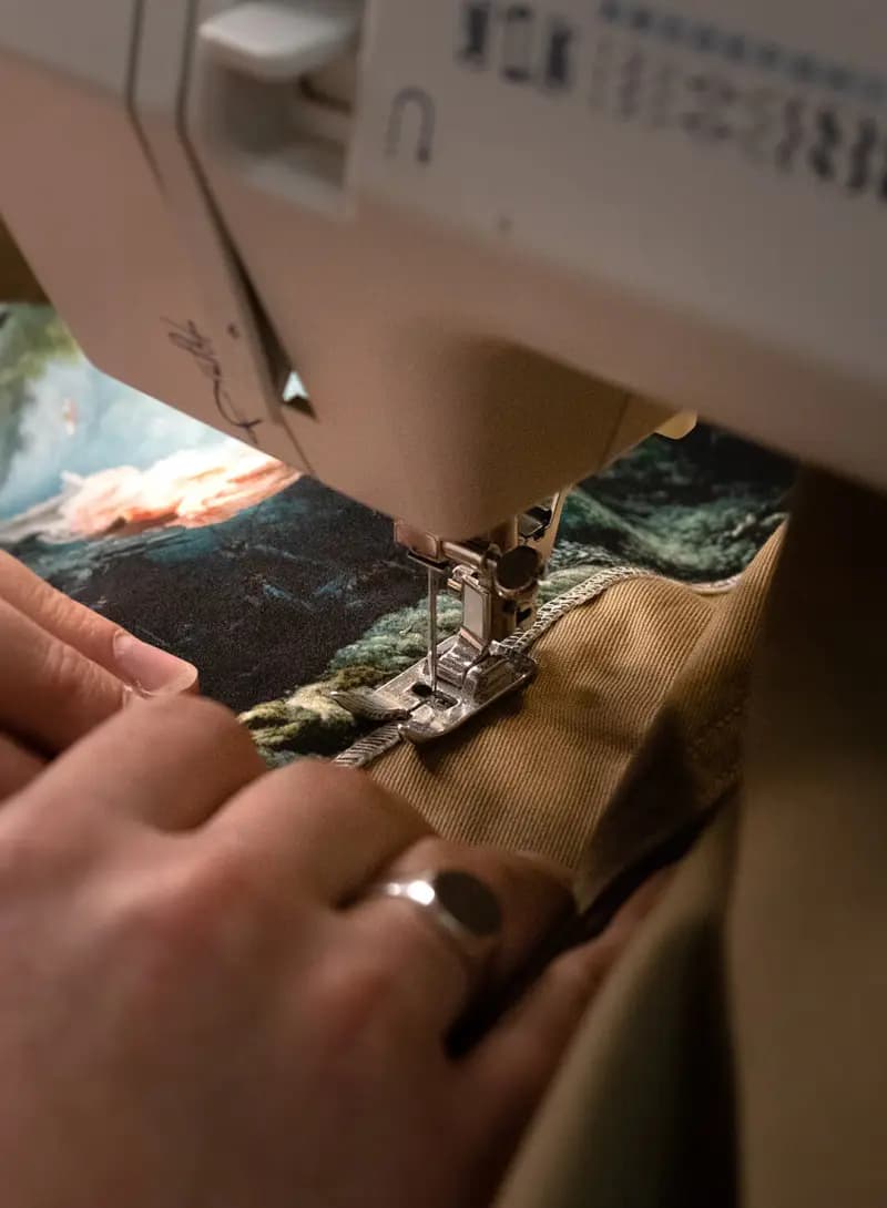 Empiècement d’œuvre cousu sur un vêtement dans l’atelier Artyum